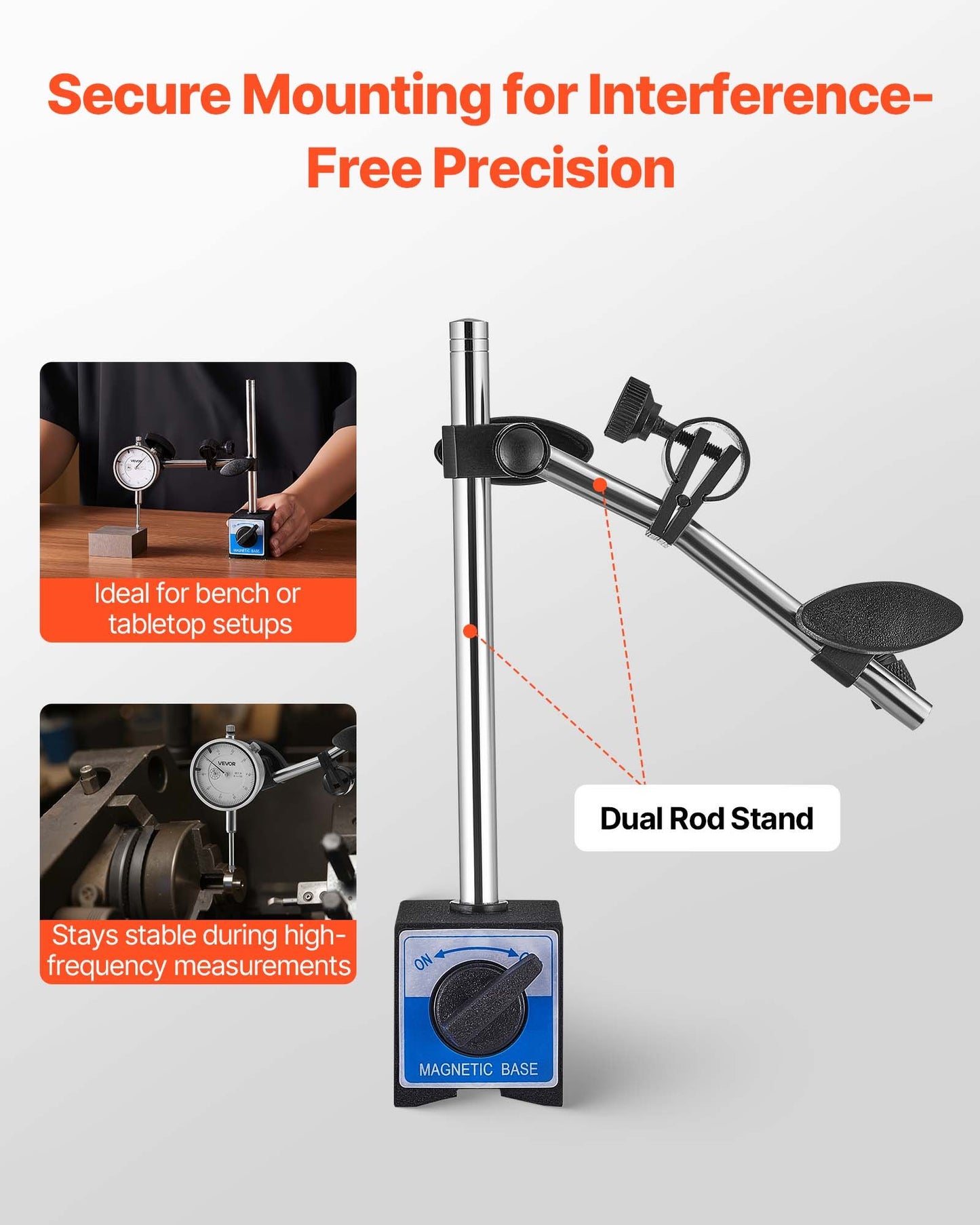 Dial Test Indicator with Dual Rod Stand and Storage Case, 0.001 inch Accuracy, 0-1 inch Range, Fine Adjustable Long Arm, Non-Magnetic Centering Rods for Machine Set-Up, Narrow Area Measurement