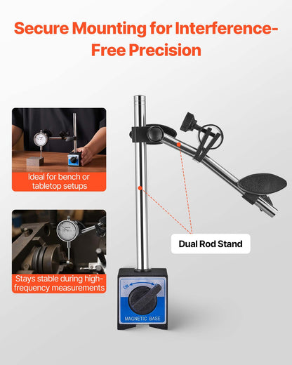 Dial Test Indicator with Dual Rod Stand and Storage Case, 0.001 inch Accuracy, 0-1 inch Range, Fine Adjustable Long Arm, Non-Magnetic Centering Rods for Machine Set-Up, Narrow Area Measurement