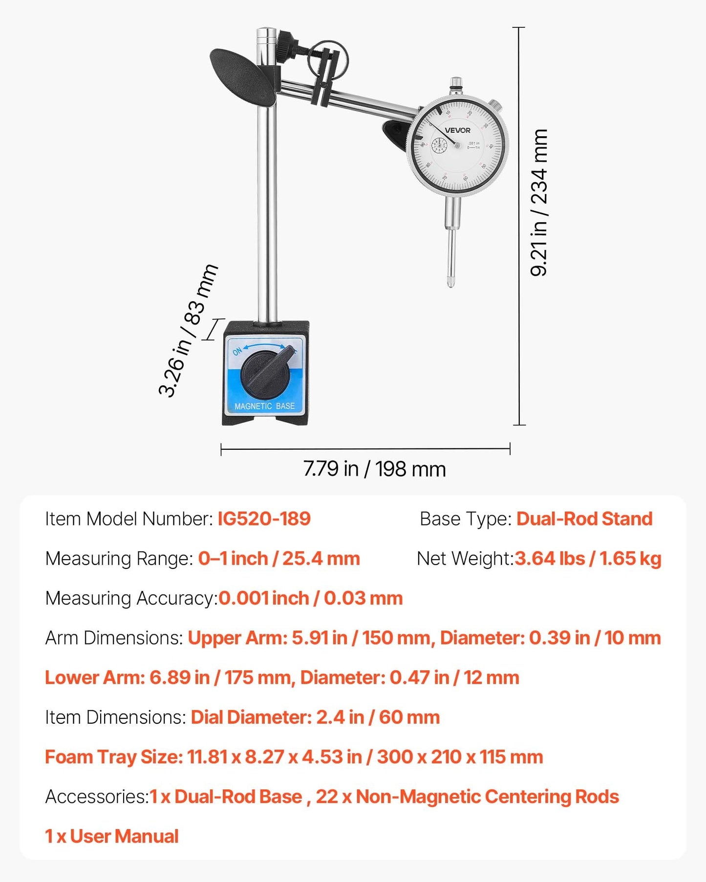 Dial Test Indicator with Dual Rod Stand and Storage Case, 0.001 inch Accuracy, 0-1 inch Range, Fine Adjustable Long Arm, Non-Magnetic Centering Rods for Machine Set-Up, Narrow Area Measurement