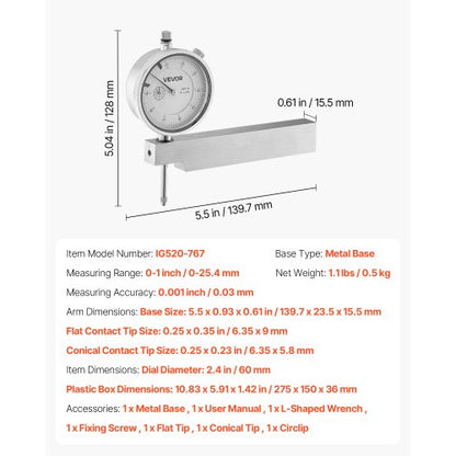 Mätklocka med metallbas, 0,03 mm noggrannhet, 0–25,4 mm intervall, lättläst stor urtavla, professionell för mätning av smala områden, industriell bearbetning och inspektion, precisionsprovning |  EU