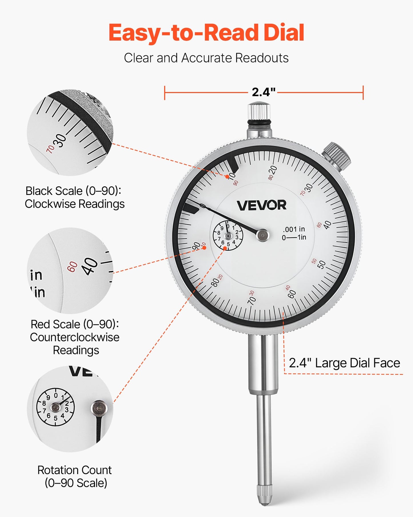 Dial Test Indicator with Metal Base, 0.001 inch Accuracy, 0-1 inch Range, Easy to Read Large Dial, Professional for Narrow Area Measurement, Industrial Machining & Inspection, Precision Testing