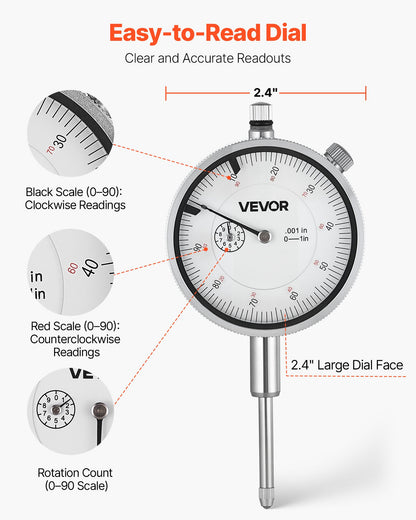 Dial Test Indicator with Metal Base, 0.001 inch Accuracy, 0-1 inch Range, Easy to Read Large Dial, Professional for Narrow Area Measurement, Industrial Machining & Inspection, Precision Testing