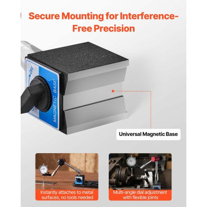 Mätklocka med magnetisk, flexibel bas, 0,03 mm noggrannhet, 0–25,4 mm område, finjusterbar lång arm, professionell för maskinuppsättning, mätning av smala områden, lätt att läsa av |  EU