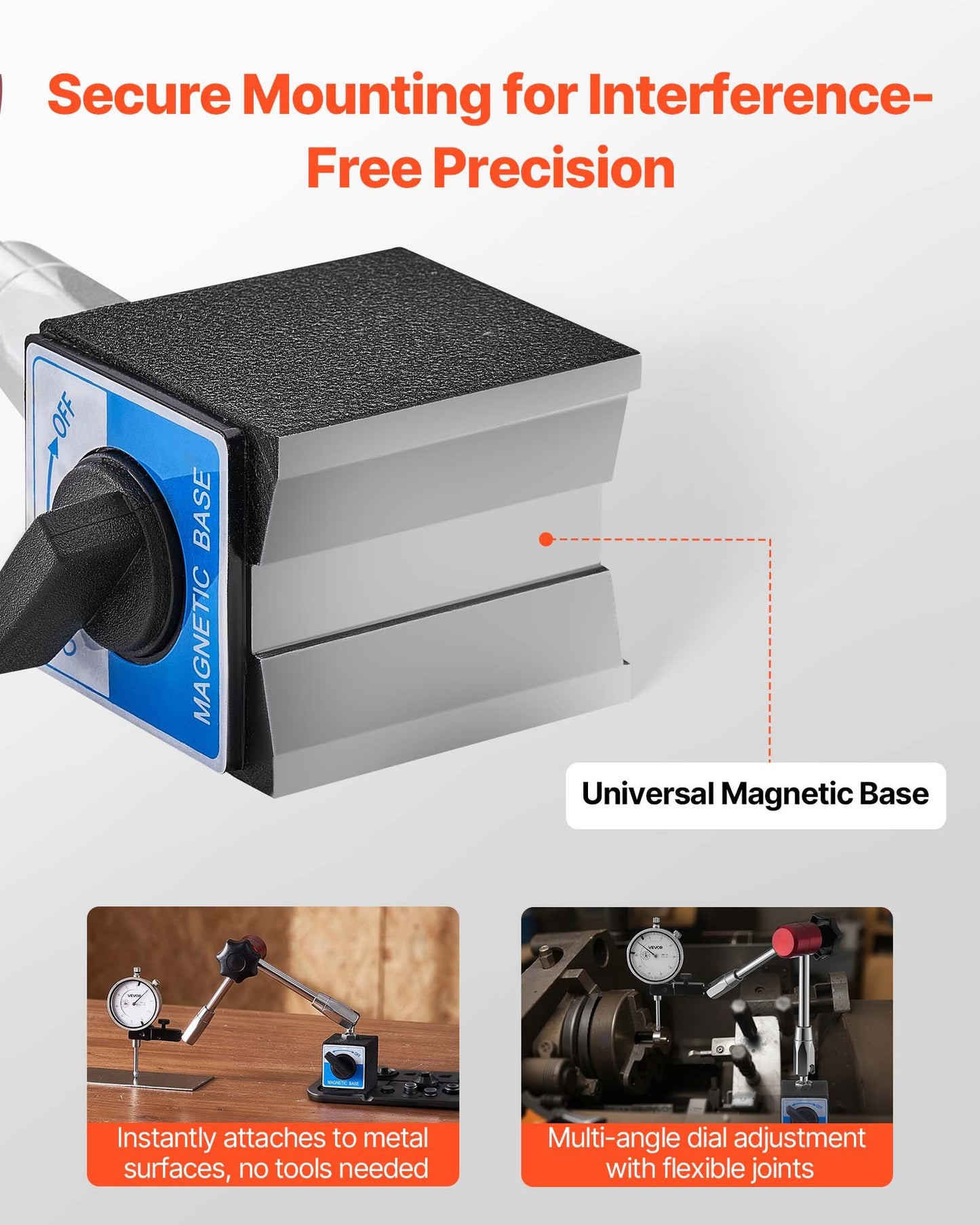 Dial Test Indicator with Magnetic Flexible Base Stand, 0.001 inch Accuracy, 0-1 inch Range, Fine Adjustable Long Arm, Professional for Machine Set-Up, Narrow Area Measurement, Easy to Read