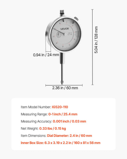 Dial Test Indicator, 0.001 inch Accuracy, 0-1 inch Measuring Range, Easy to Read Large Dial, Professional for Internal Diameter Measurement, Runout Detection, Flatness Inspection