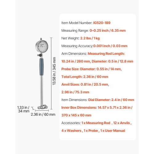Mätklocka och borrhålsmätverktygssats, mätklocka 0,03 mm noggrannhet, borrhålsområde 50,8–152,4 mm med stång, förvaringsväska, städ för industriella bearbetningsmätningar |  EU