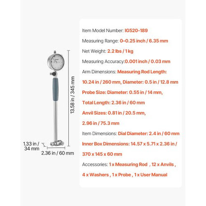 Mätklocka och borrhålsmätverktygssats, mätklocka 0,03 mm noggrannhet, borrhålsområde 50,8–152,4 mm med stång, förvaringsväska, städ för industriella bearbetningsmätningar |  EU