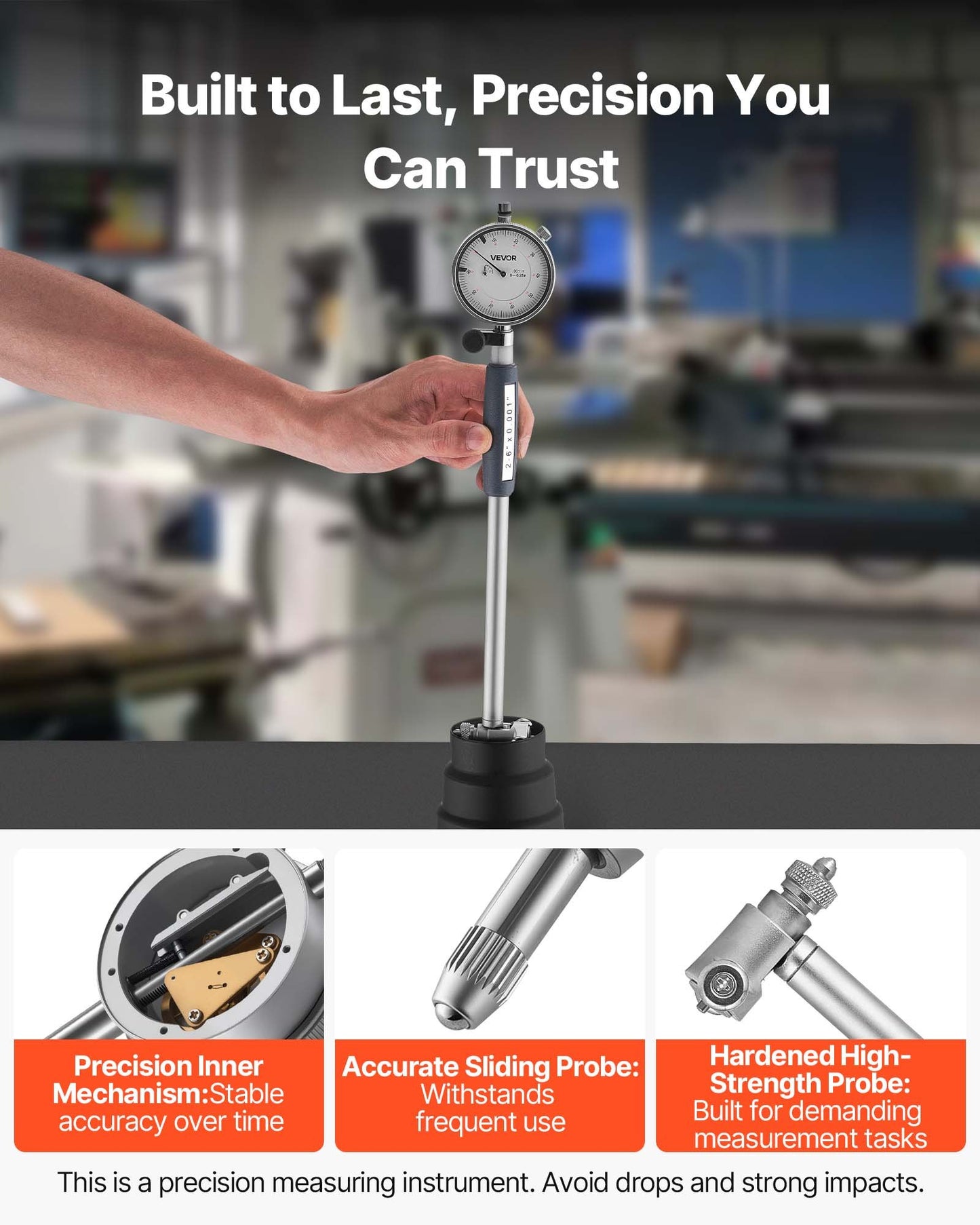 Dial Test Indicator and Bore Gauge Measuring Tool Set, Dial Indicator 0.001 inch Accuracy, 2-6 inch Bore Range with Rod, Storage Case, Anvils for Industrial Machining Measurements