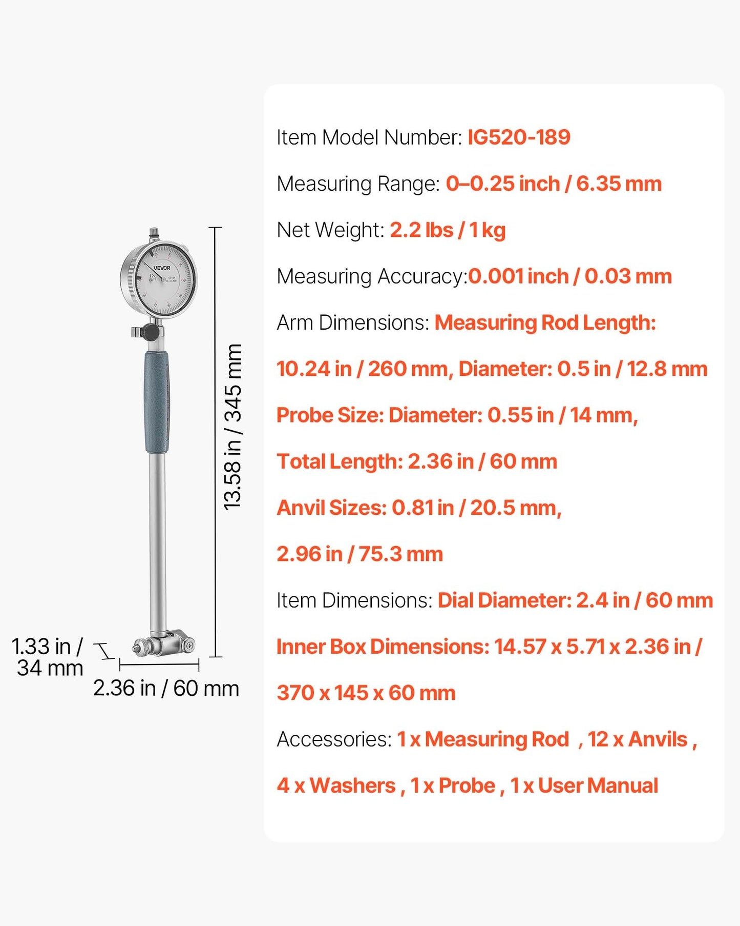 Dial Test Indicator and Bore Gauge Measuring Tool Set, Dial Indicator 0.001 inch Accuracy, 2-6 inch Bore Range with Rod, Storage Case, Anvils for Industrial Machining Measurements