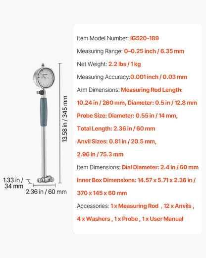 Dial Test Indicator and Bore Gauge Measuring Tool Set, Dial Indicator 0.001 inch Accuracy, 2-6 inch Bore Range with Rod, Storage Case, Anvils for Industrial Machining Measurements