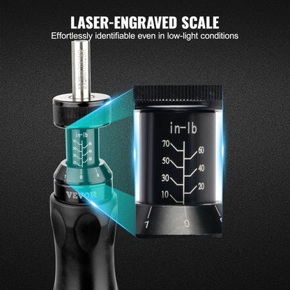 Adjustable torque screwdriver 1/4" range 10-70 in/lb with 1 in-lb steps