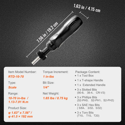Torque Screwdriver, 1/4" Drive Screwdriver Torque Wrench, Electrician Torque Screwdriver with Scale, 10-70 in/lbs Torque Range, 1 in-lbs Torque Increment Torque Screwdriver with Bits & Case