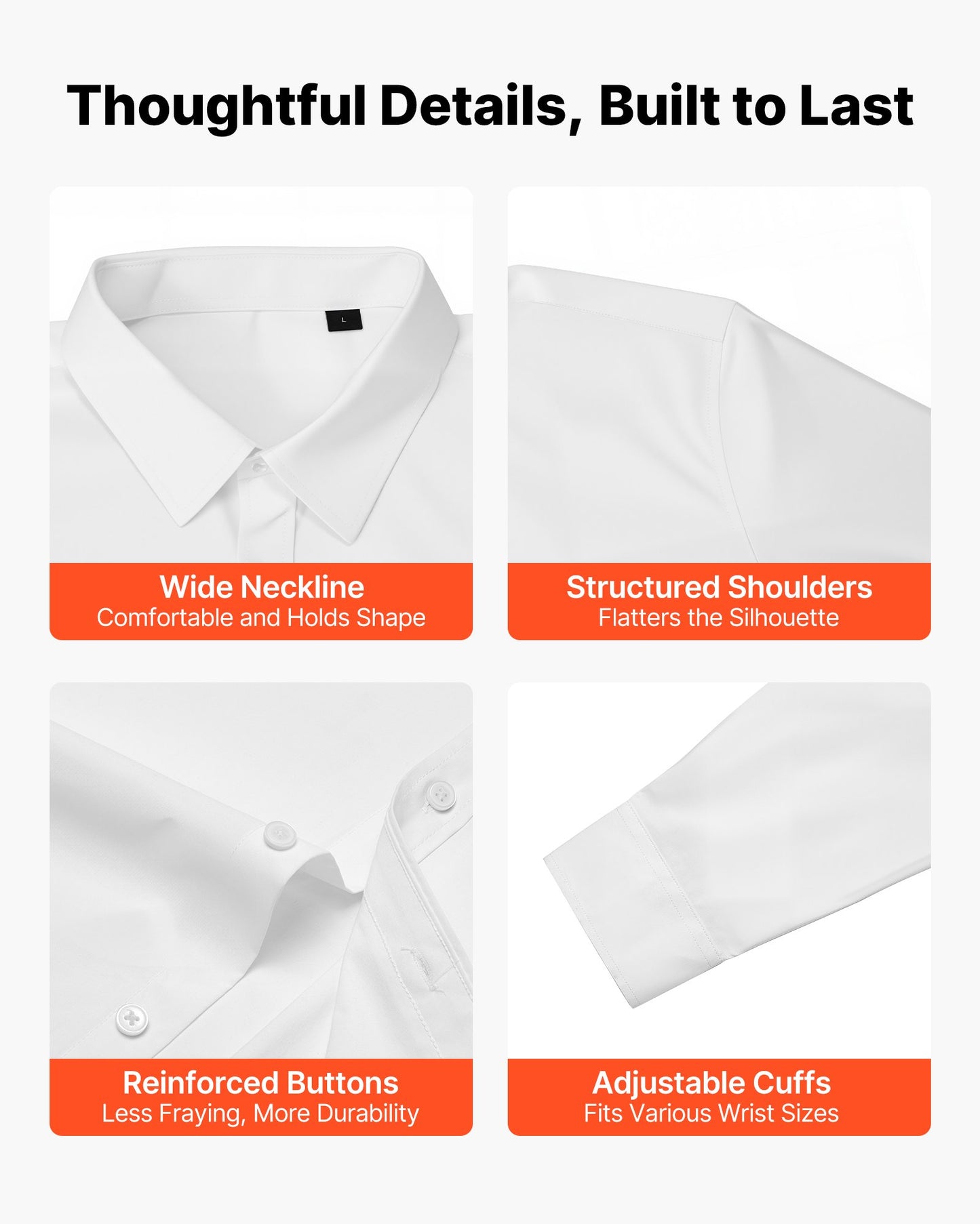 Men's Button Up Shirt, Mens Long Sleeve Wrinkle-free Button Down Dress Shirts, Slim Fit Soft Stretch Fabric for Business Casual or Formal, Work, Wedding, Dinner, White, L Size