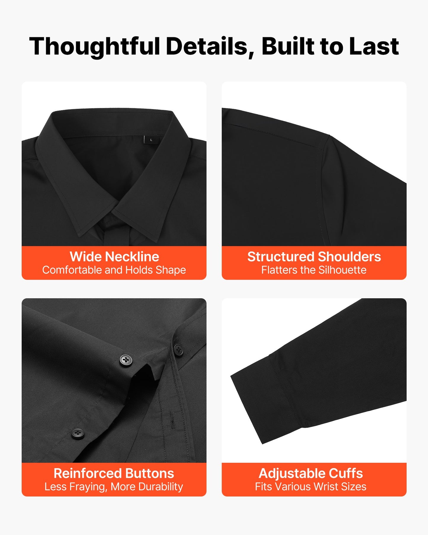 Men's Button Up Shirt, Mens Long Sleeve Wrinkle-free Button Down Dress Shirts, Slim Fit Soft Stretch Fabric for Business Casual or Formal, Work, Wedding, Dinner, Black, L Size