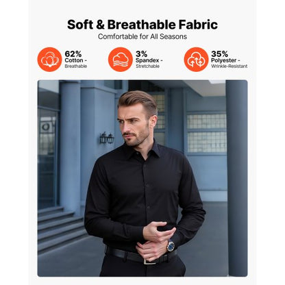 Herrskjorta med knappar, Herrlångärmad Skrynkelfri Skjorta med knappar, Slim Fit, Mjukt Stretchtyg, För Business Casual eller Fest, Arbete, Bröllop, Middag, Svart |  EU