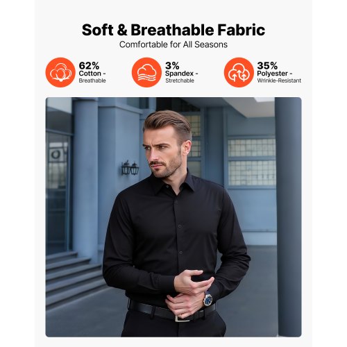 Herrskjorta med knappar, Herrlångärmad Skrynkelfri Skjorta med knappar, Slim Fit, Mjukt Stretchtyg, För Business Casual eller Fest, Arbete, Bröllop, Middag, Svart |  EU