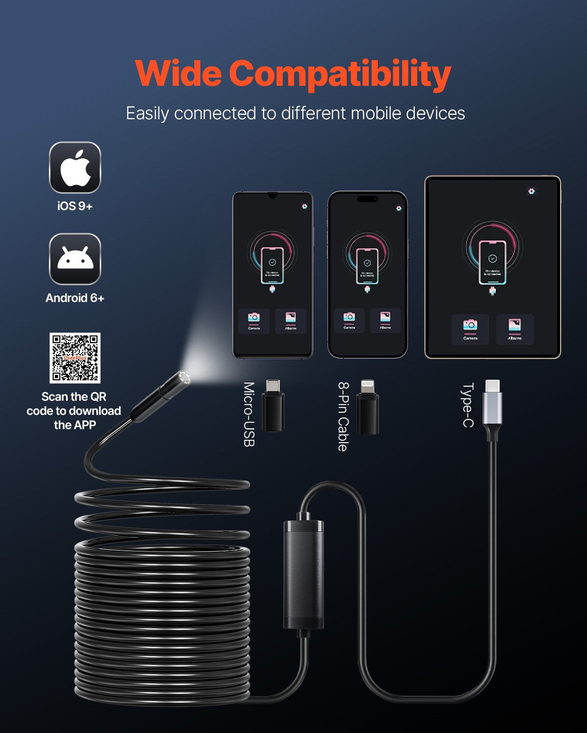 Endoscope Camera with 49.2FT Semi-Rigid Cable, 1920P HD Borescope for Android & IOS, Industrial Inspection Camera with Light - 8 LED, 2X Zoom, IP67 Waterproof Snake Camera for Auto, Plumbing