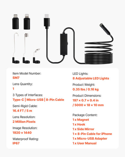 Endoscope Camera with Light, 1920P HD Borescope for Android & IOS, 8 LED Lights Inspection Camera with 16.4FT Semi-Rigid Cable, 2X Zoom, IP67 Waterproof Snake Scope Camera for Auto, Plumbing