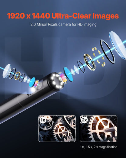 Endoscope Camera with Light, Dual Lens Borescope for Android & IOS, 1920P HD Inspection Camera with 8 + 1 LED Light, 2X Zoom, 16.4FT Snake Cable, IP67 Waterproof Snake Camera for Auto, Plumbing