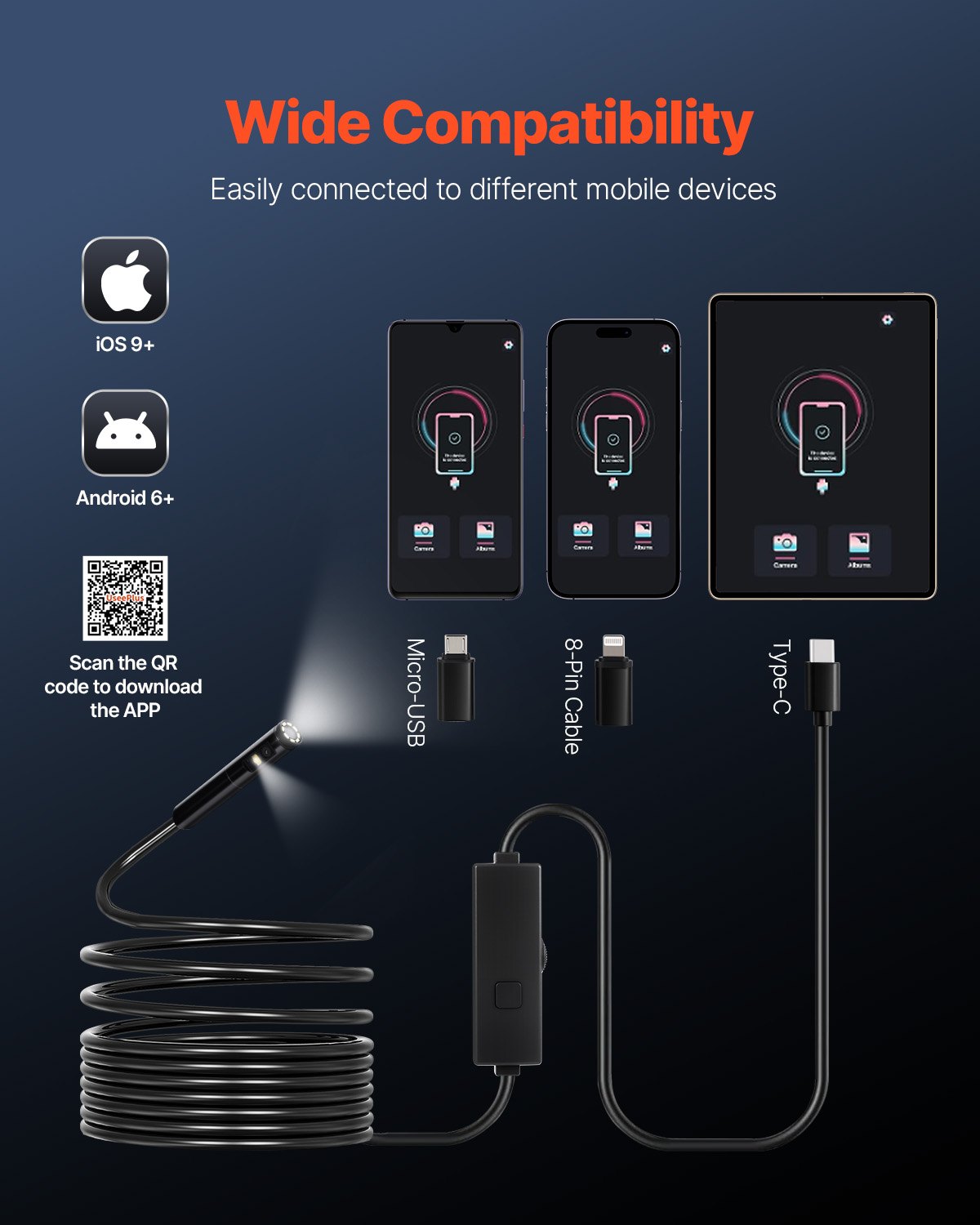 Endoscope Camera with Light, Dual Lens Borescope for Android & IOS, 1920P HD Inspection Camera with 8 + 1 LED Light, 2X Zoom, 16.4FT Snake Cable, IP67 Waterproof Snake Camera for Auto, Plumbing