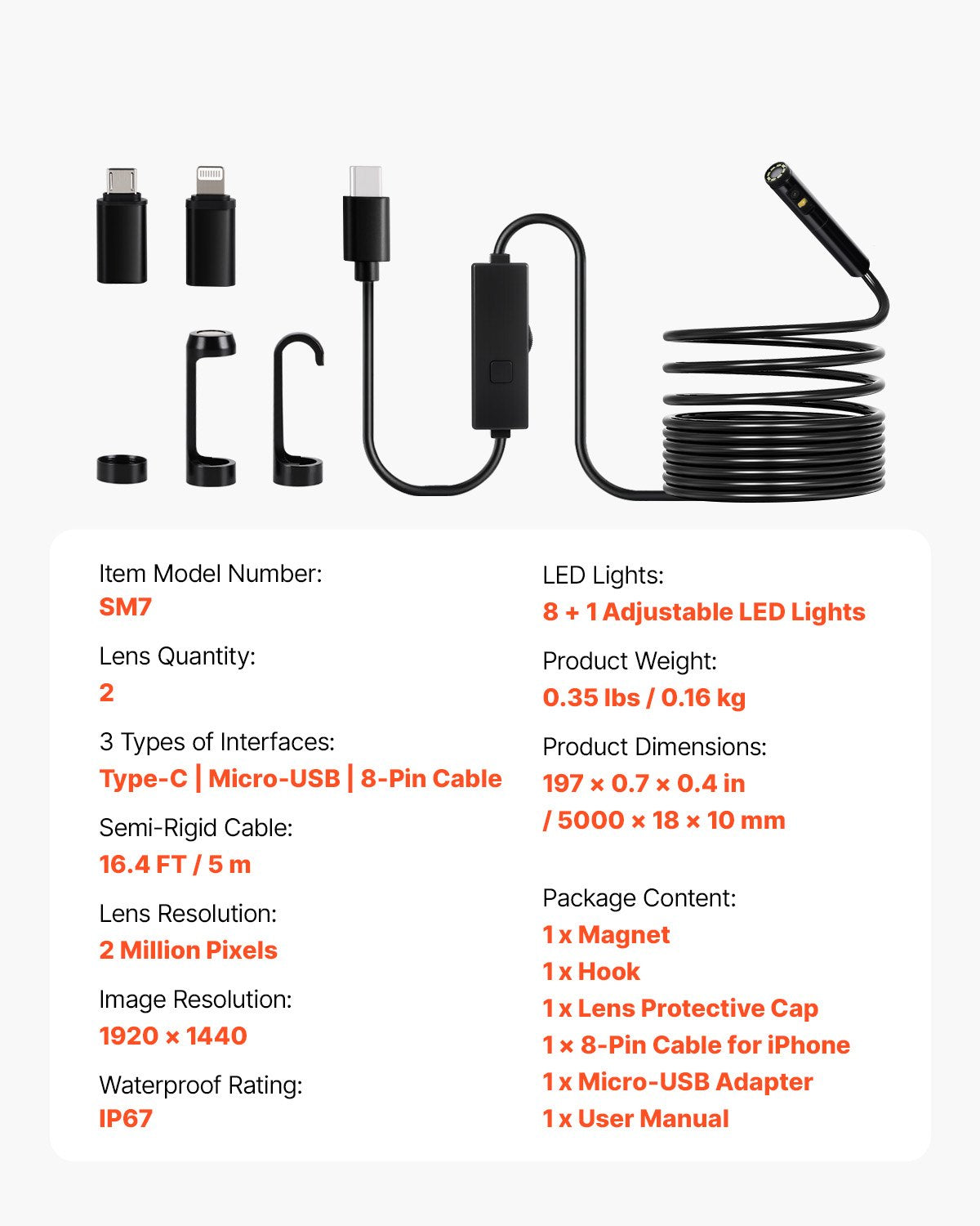 Endoscope Camera with Light, Dual Lens Borescope for Android & IOS, 1920P HD Inspection Camera with 8 + 1 LED Light, 2X Zoom, 16.4FT Snake Cable, IP67 Waterproof Snake Camera for Auto, Plumbing