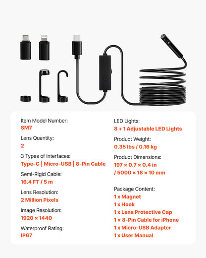 Endoscope Camera with Light, Dual Lens Borescope for Android & IOS, 1920P HD Inspection Camera with 8 + 1 LED Light, 2X Zoom, 16.4FT Snake Cable, IP67 Waterproof Snake Camera for Auto, Plumbing