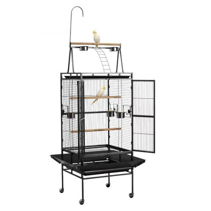 Bird Cage, 32.7 x 31.1 x 82.7 inch, Open Flat Top, Wrought Iron Bird Flight Cage with Perches, Slide-Out Tray, Plastic Feeders, for Cockatiel, Monk Parakeet, Amazon Parrot, African Grey Parrot