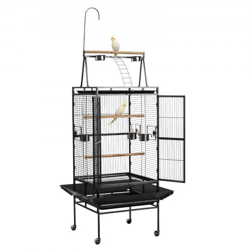 Bird Cage, 32.7 x 31.1 x 82.7 inch, Open Flat Top, Wrought Iron Bird Flight Cage with Perches, Slide-Out Tray, Plastic Feeders, for Cockatiel, Monk Parakeet, Amazon Parrot, African Grey Parrot
