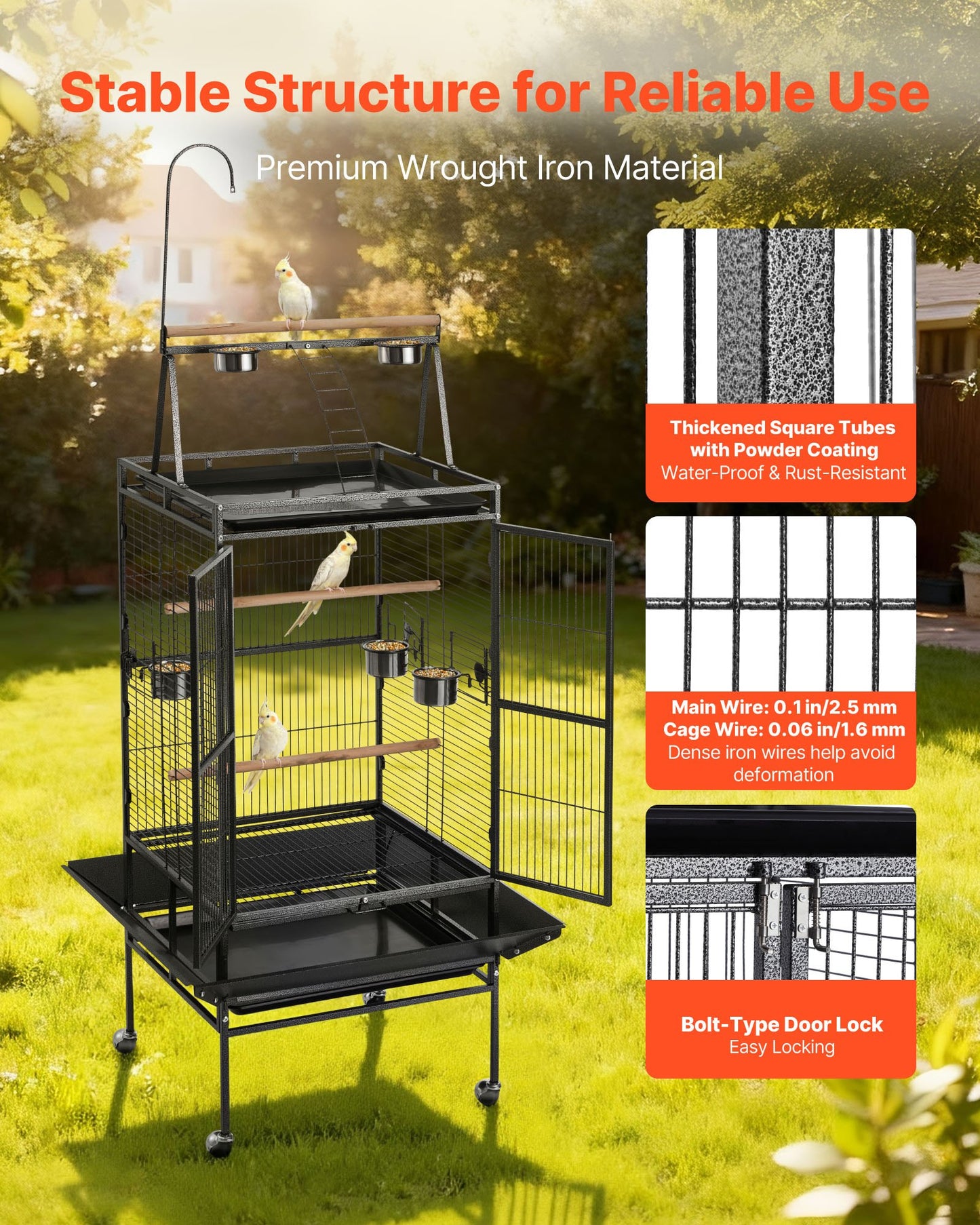 Bird Cage, 32.7 x 31.1 x 82.7 inch, Open Flat Top, Wrought Iron Bird Flight Cage with Perches, Slide-Out Tray, Plastic Feeders, for Cockatiel, Monk Parakeet, Amazon Parrot, African Grey Parrot