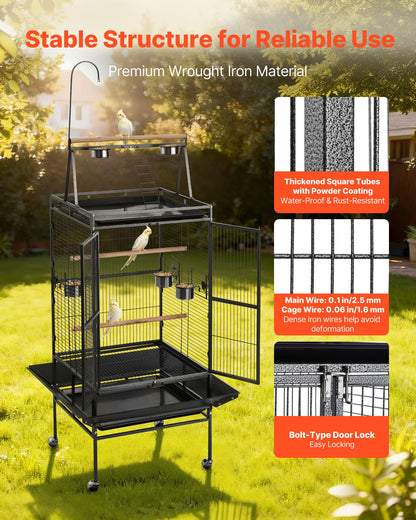 Bird Cage, 32.7 x 31.1 x 82.7 inch, Open Flat Top, Wrought Iron Bird Flight Cage with Perches, Slide-Out Tray, Plastic Feeders, for Cockatiel, Monk Parakeet, Amazon Parrot, African Grey Parrot