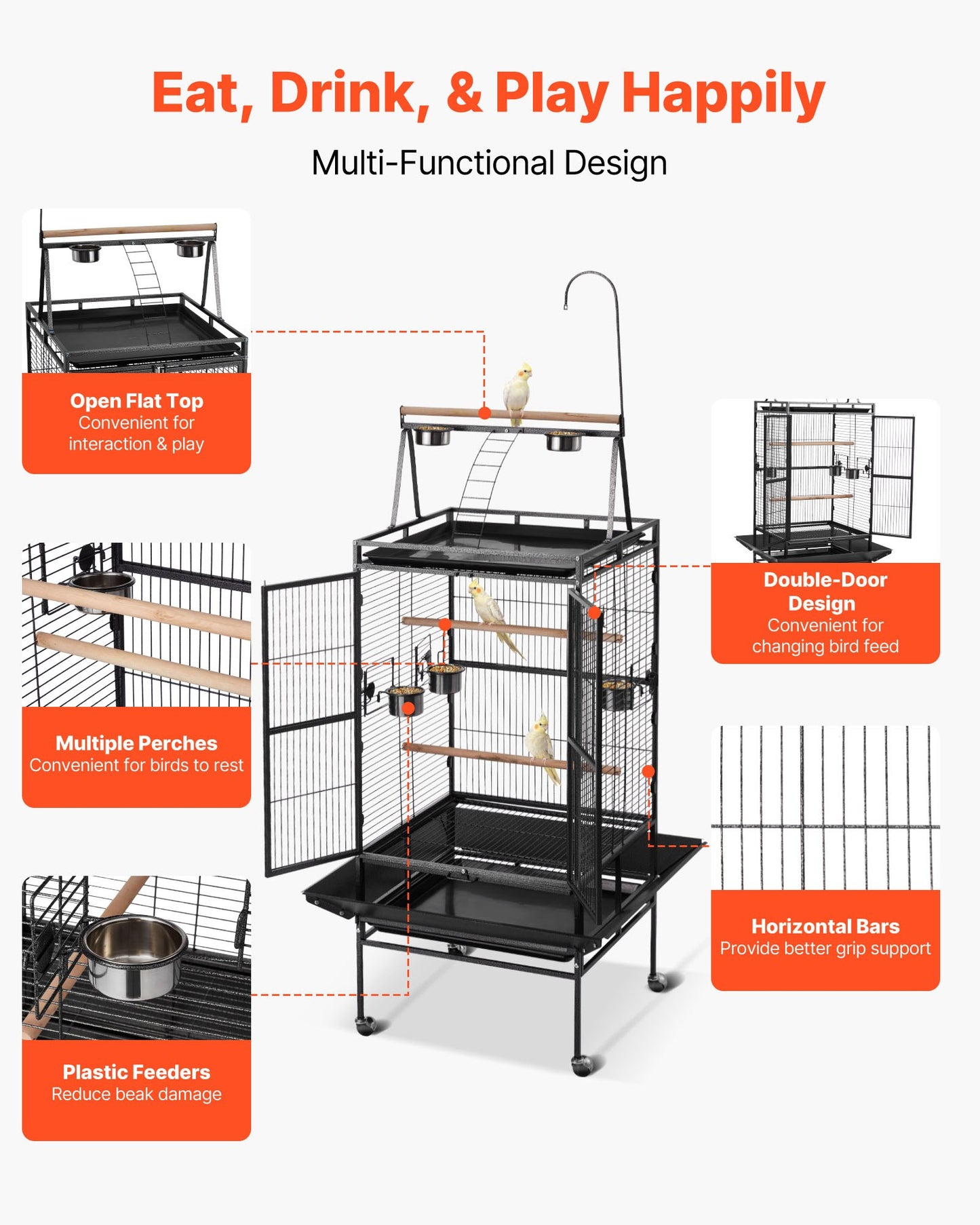 Bird Cage, 32.7 x 31.1 x 82.7 inch, Open Flat Top, Wrought Iron Bird Flight Cage with Perches, Slide-Out Tray, Plastic Feeders, for Cockatiel, Monk Parakeet, Amazon Parrot, African Grey Parrot