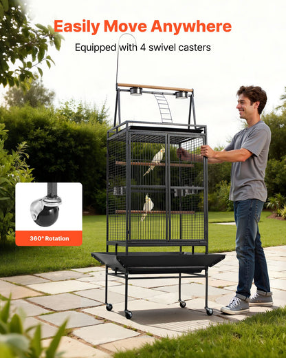 Bird Cage, 32.7 x 31.1 x 82.7 inch, Open Flat Top, Wrought Iron Bird Flight Cage with Perches, Slide-Out Tray, Plastic Feeders, for Cockatiel, Monk Parakeet, Amazon Parrot, African Grey Parrot
