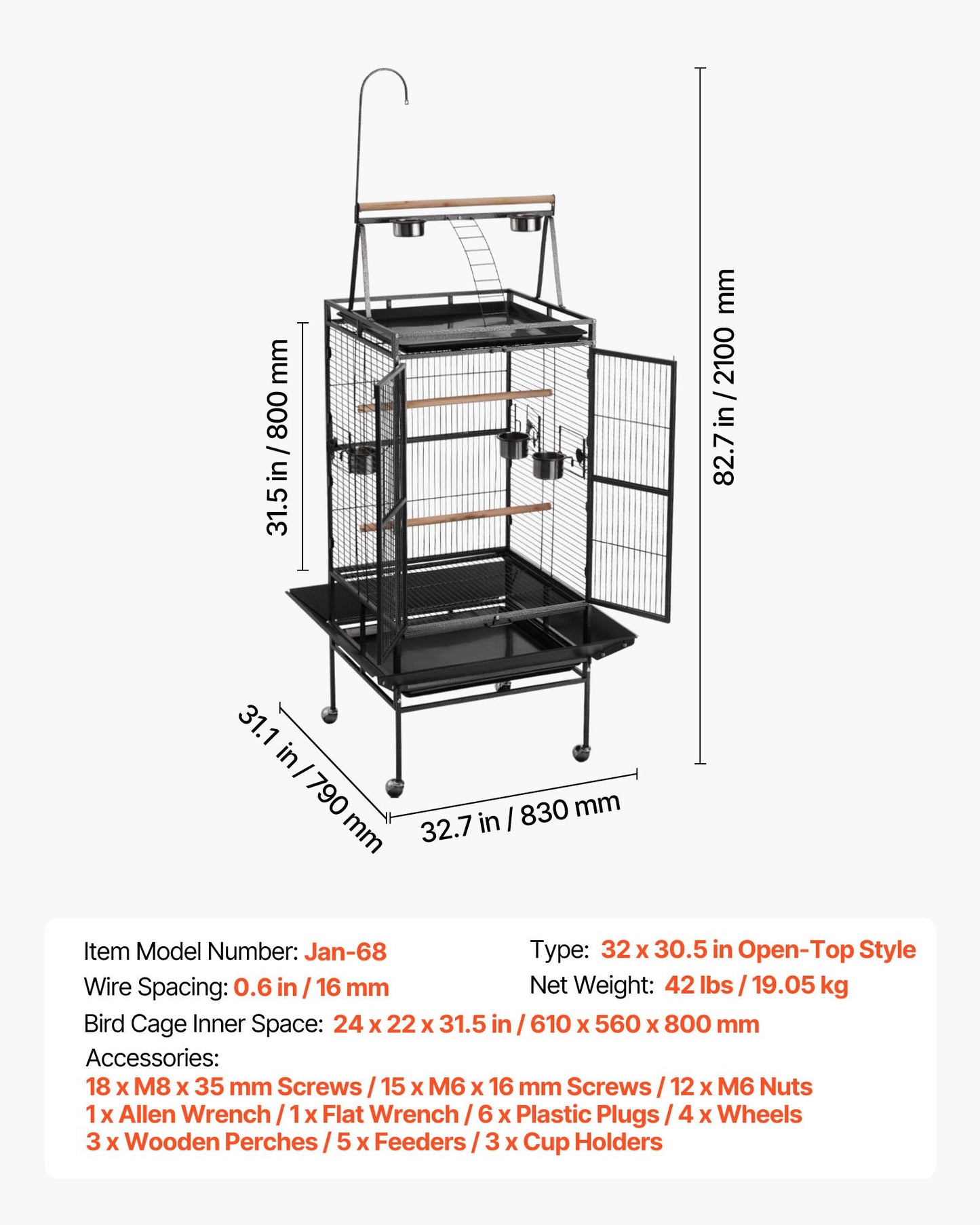 Bird Cage, 32.7 x 31.1 x 82.7 inch, Open Flat Top, Wrought Iron Bird Flight Cage with Perches, Slide-Out Tray, Plastic Feeders, for Cockatiel, Monk Parakeet, Amazon Parrot, African Grey Parrot