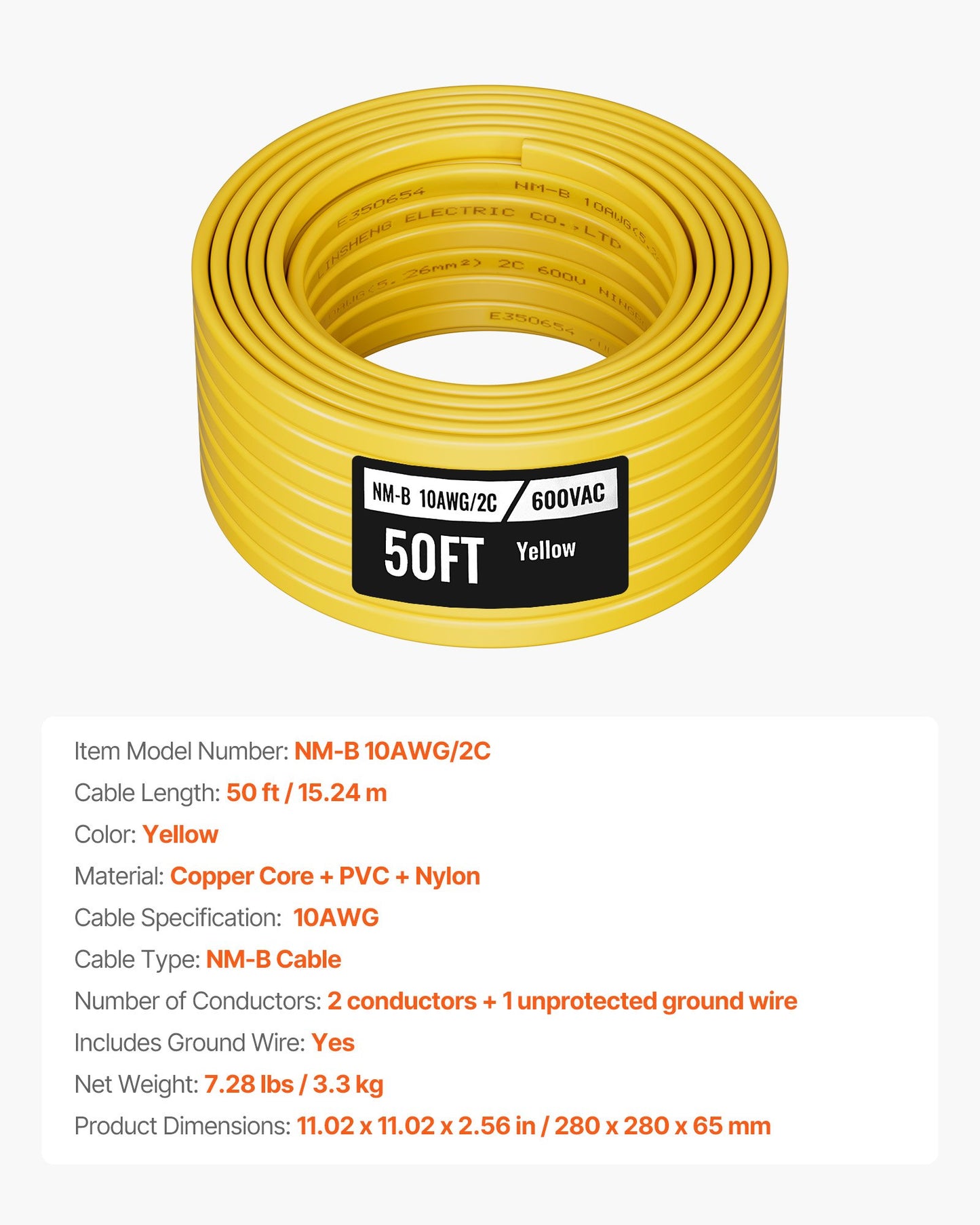 NM-B Wire, 10AWG/2C Non-Mettalic Residential Indoor Electrical Wire with Ground, PVC Sheathed High-Purity Copper Core Cable, for Outlets, Switches, Other Loads & Lighting Wiring Projects(50 ft)