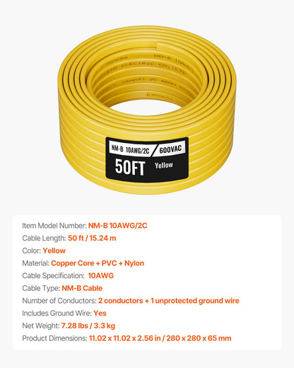NM-B Wire, 10AWG/2C Non-Mettalic Residential Indoor Electrical Wire with Ground, PVC Sheathed High-Purity Copper Core Cable, for Outlets, Switches, Other Loads & Lighting Wiring Projects(50 ft)