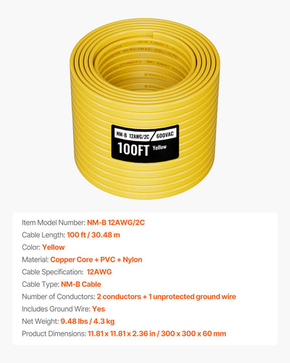 NM-B Wire, 12AWG/2C Non-Mettalic Residential Indoor Electrical Wire with Ground, PVC Sheathed High-Purity Copper Core Cable, for Outlets, Switches, Other Loads & Lighting Wiring Project(100 ft)