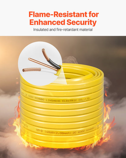 NM-B Wire, 14AWG/2C Non-Mettalic Residential Indoor Electrical Wire with Ground, PVC Sheathed High-Purity Copper Core Cable, for Outlets, Switches, Other Loads & Lighting Wiring Projects(50 ft)