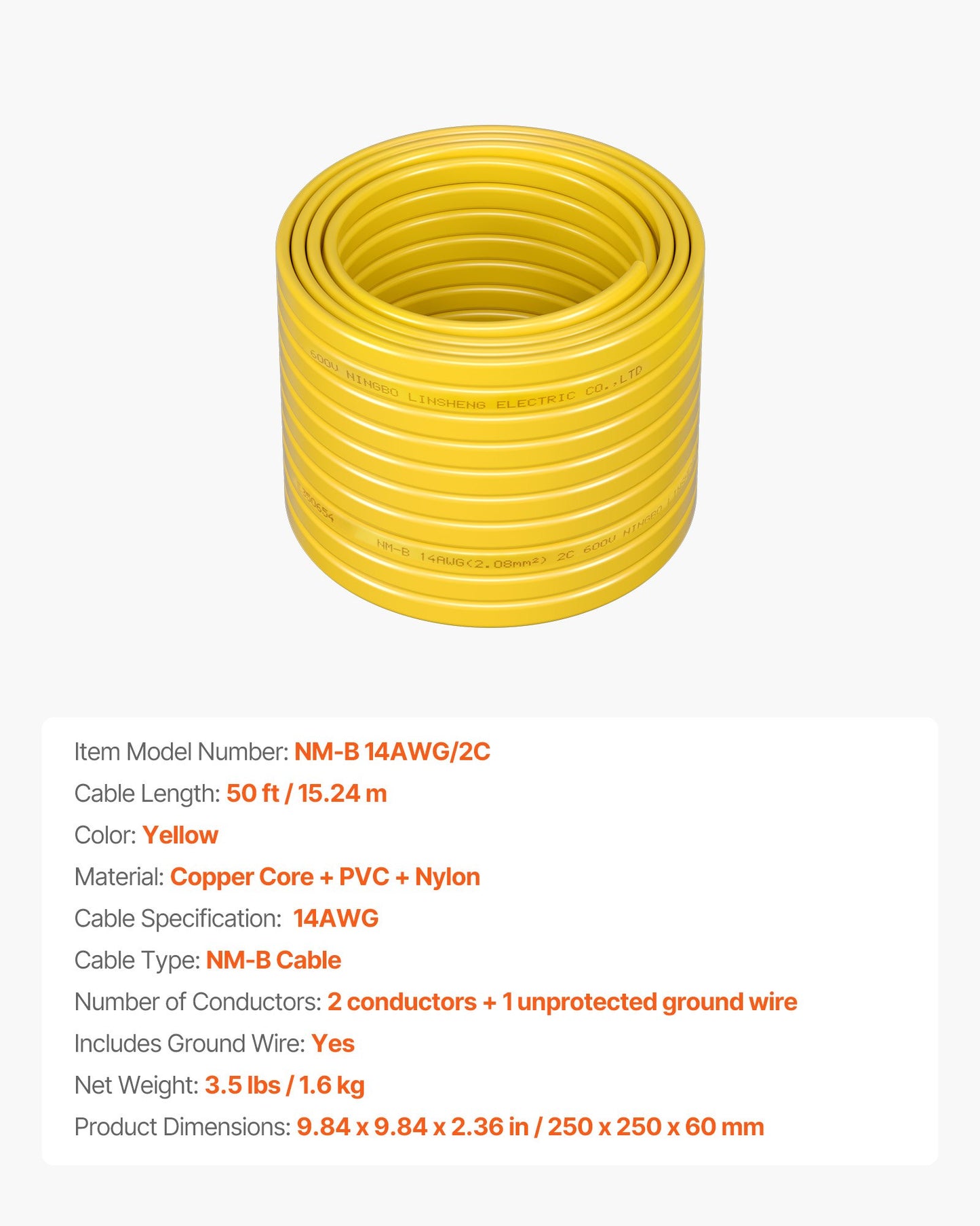 NM-B Wire, 14AWG/2C Non-Mettalic Residential Indoor Electrical Wire with Ground, PVC Sheathed High-Purity Copper Core Cable, for Outlets, Switches, Other Loads & Lighting Wiring Projects(50 ft)