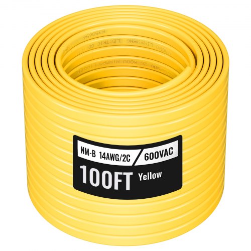NM-B Wire, 14AWG/2C Non-Mettalic Residential Indoor Electrical Wire with Ground, PVC Sheathed High-Purity Copper Core Cable, for Outlets, Switches, Other Loads & Lighting Wiring Project(100 ft)