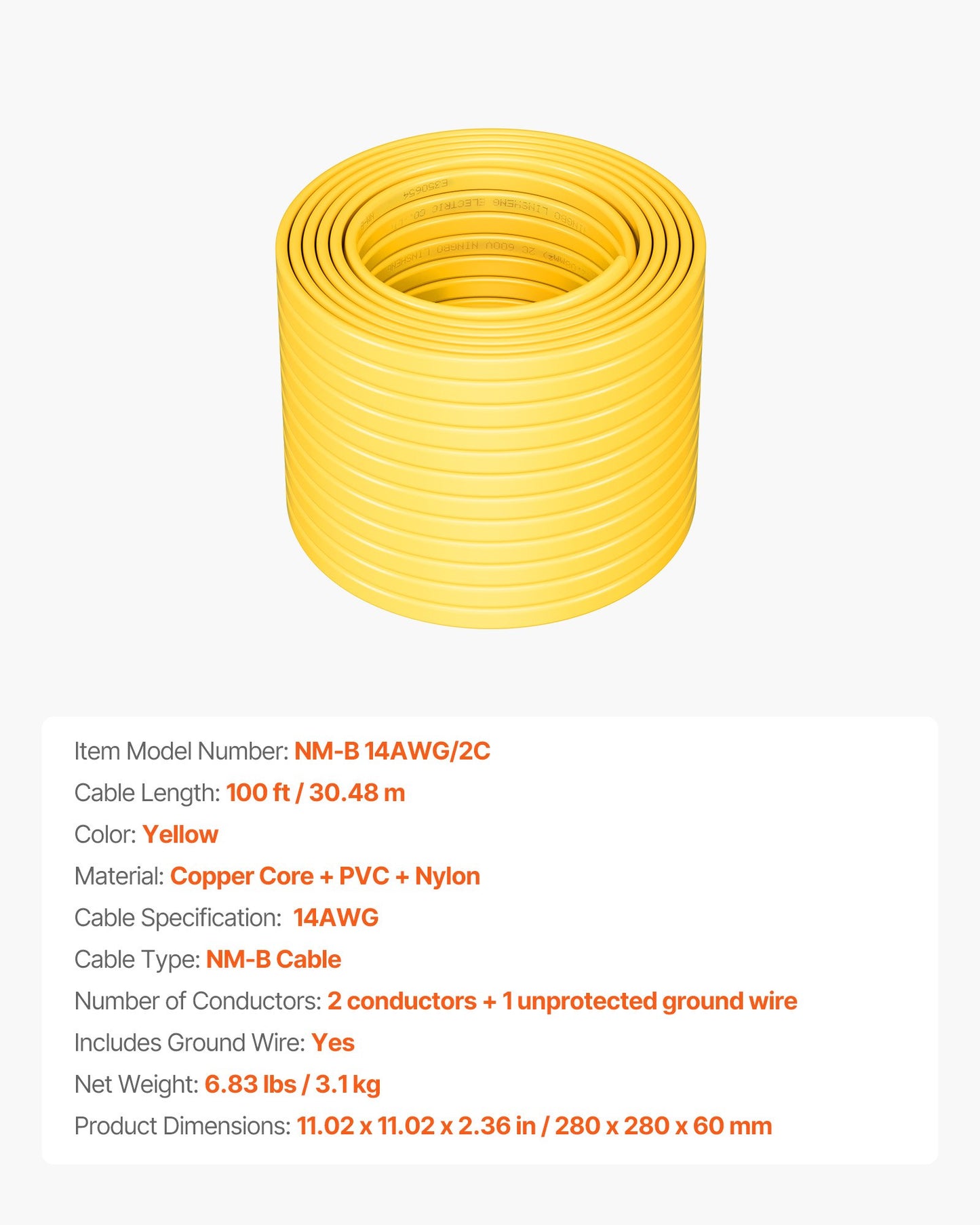 NM-B Wire, 14AWG/2C Non-Mettalic Residential Indoor Electrical Wire with Ground, PVC Sheathed High-Purity Copper Core Cable, for Outlets, Switches, Other Loads & Lighting Wiring Project(100 ft)