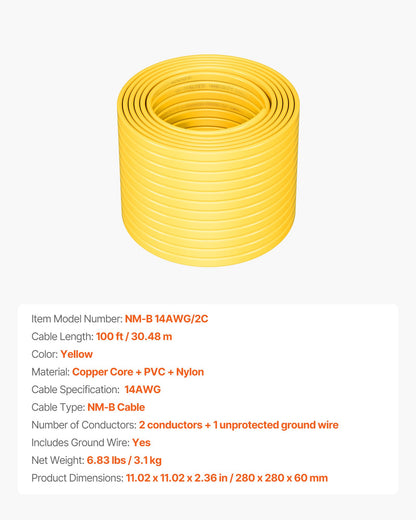 NM-B Wire, 14AWG/2C Non-Mettalic Residential Indoor Electrical Wire with Ground, PVC Sheathed High-Purity Copper Core Cable, for Outlets, Switches, Other Loads & Lighting Wiring Project(100 ft)