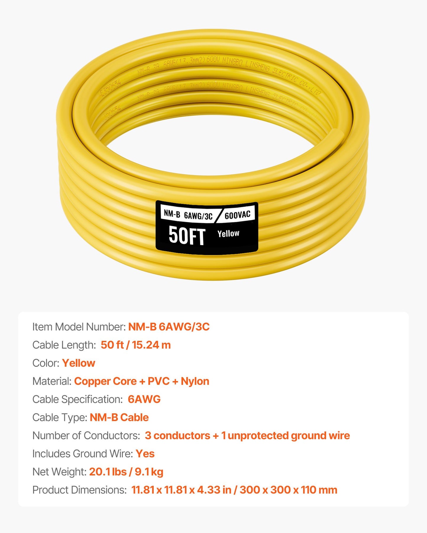 NM-B Wire, 6AWG/3C Non-Mettalic Residential Indoor Electrical Wire with Ground, PVC Sheathed High-Purity Copper Core Cable, for Outlets, Switches, Other Loads & Lighting Wiring Projects(50 ft)