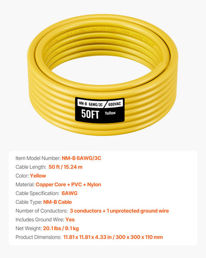 NM-B Wire, 6AWG/3C Non-Mettalic Residential Indoor Electrical Wire with Ground, PVC Sheathed High-Purity Copper Core Cable, for Outlets, Switches, Other Loads & Lighting Wiring Projects(50 ft)