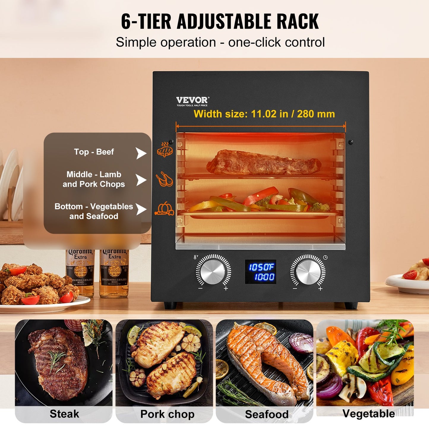 Electric Steak Grill, 1800W Smokeless Infrared Electric Broiler, 1450°F Stainless Steel Steak Cooker with 6-Tier Adjustable Rack, Electric Infrared Grill for BBQ, Toast, Grill, Indoor