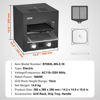 Electric Steak Grill, 1800W Smokeless Infrared Electric Broiler, 1450°F Stainless Steel Steak Cooker with 6-Tier Adjustable Rack, Electric Infrared Grill for BBQ, Toast, Grill, Indoor