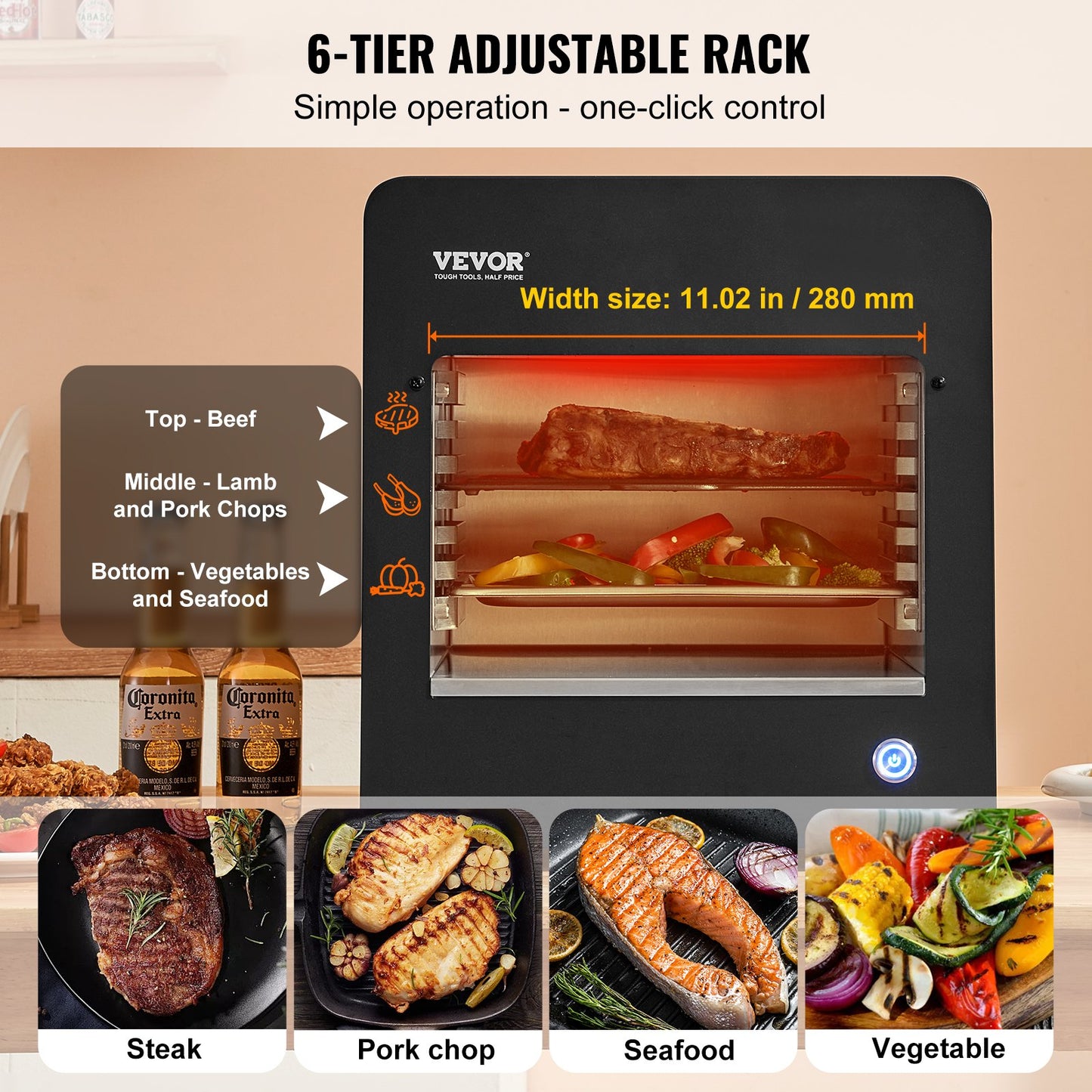 Electric Steak Grill, 1800W Smokeless Infrared Electric Broiler, 1450°F Stainless Steel Steak Cooker with 6-Tier Adjustable Rack, Electric Infrared Grill for BBQ, Toast, Grill, Indoor