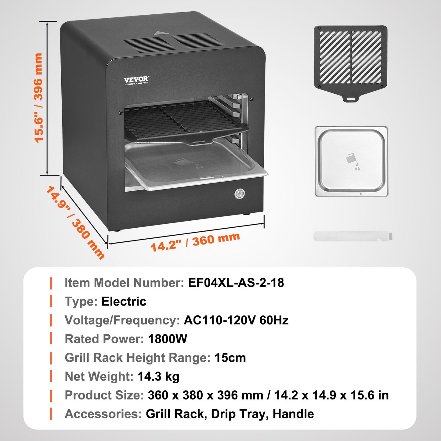 Electric Steak Grill, 1800W Smokeless Infrared Electric Broiler, 1450°F Stainless Steel Steak Cooker with 6-Tier Adjustable Rack, Electric Infrared Grill for BBQ, Toast, Grill, Indoor