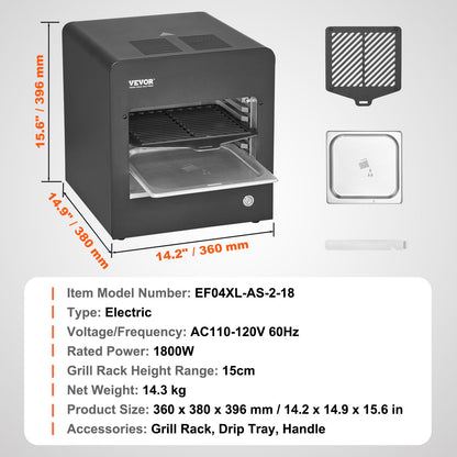 Electric Steak Grill, 1800W Smokeless Infrared Electric Broiler, 1450°F Stainless Steel Steak Cooker with 6-Tier Adjustable Rack, Electric Infrared Grill for BBQ, Toast, Grill, Indoor