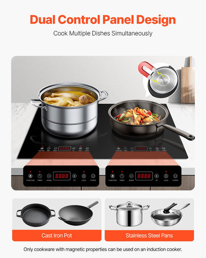 Induction Cooktop, 1800W Electric Countertop Burner, 2 Burner Touch Control Stove, Built-in Induction Cooktop with 9 Power Settings, Child Safety Lock, Timer, Glass Surface