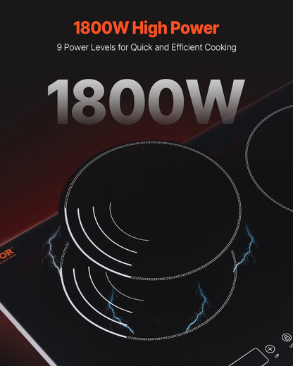 Induction Cooktop, 1800W Electric Countertop Burner, 2 Burner Touch Control Stove, Built-in Induction Cooktop with 9 Power Settings, Child Safety Lock, Timer, Glass Surface